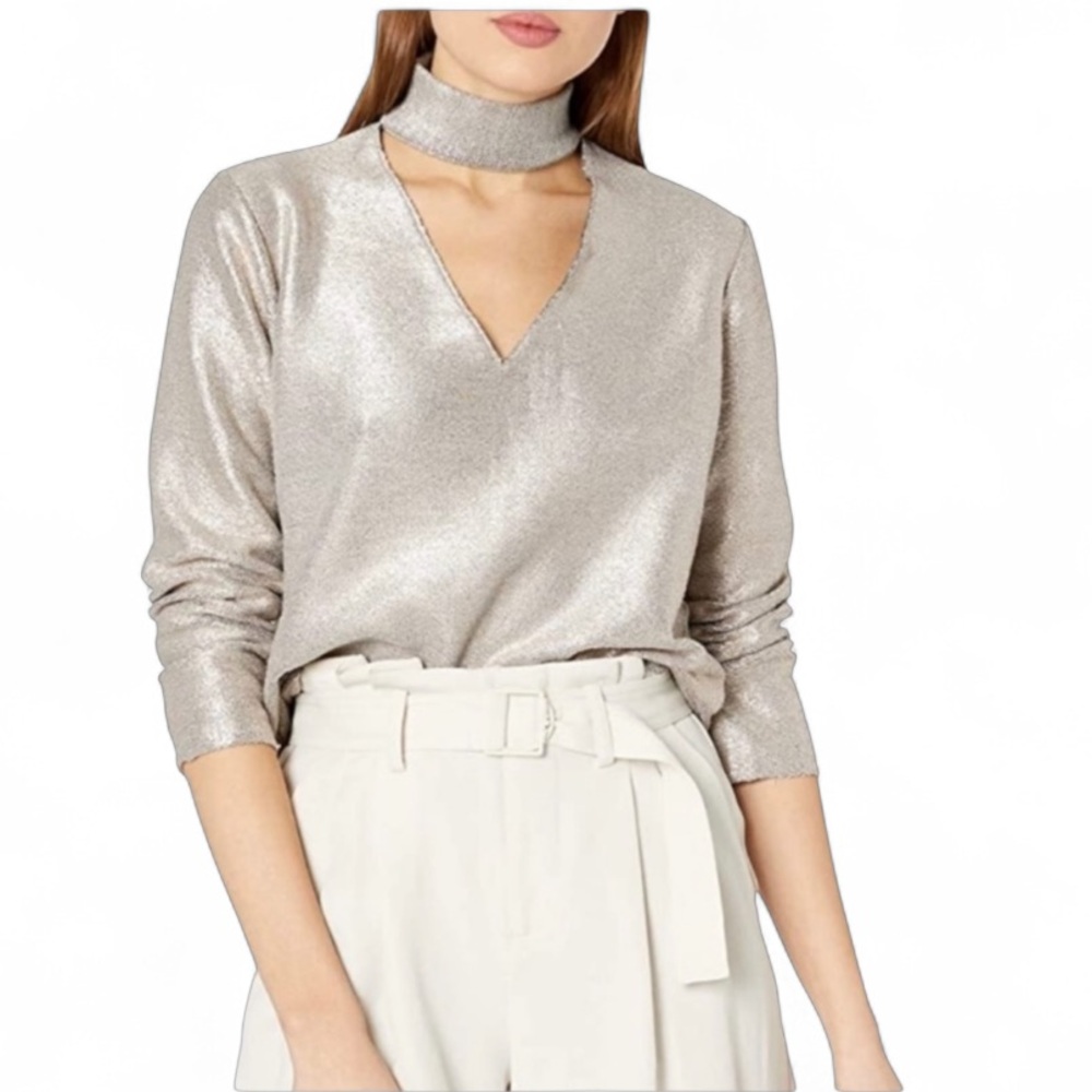 Bailey‎ 44 Kiara Women's Metallic Silver Choker V-Neck Top Medium